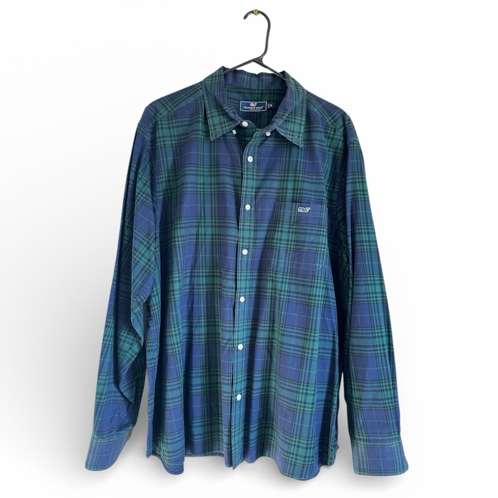 Vineyard Vines Mens Navy/Green Plaid Button Up Shirt, SZ XL